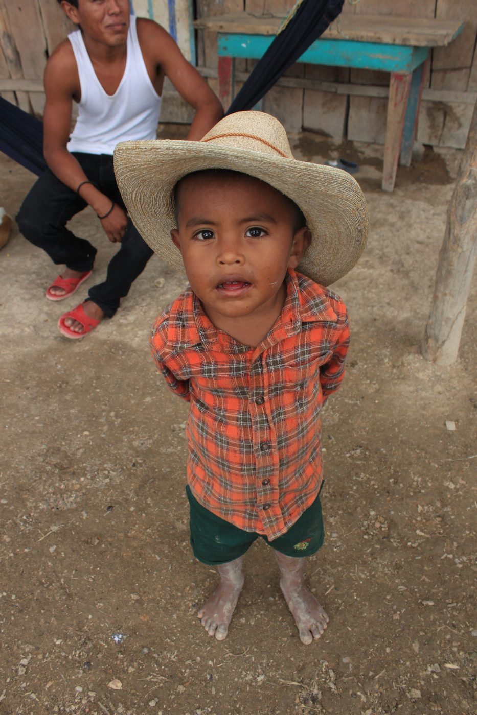 A young child in a straw cowboy hat and plaid shirt looking up at the camera